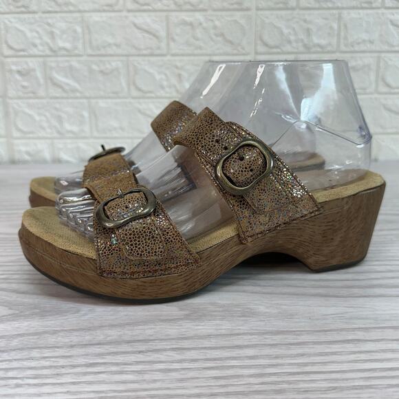 Dansko Sophie Slide Sandals WMNS 38 Wedge Brown Iridescent Grain Leather Slip on - Picture 6 of 8